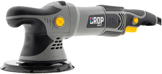 Grijze en zwarte CROP Apex X21 excentrische polijstmachine met gele accenten. 1000 Watt.