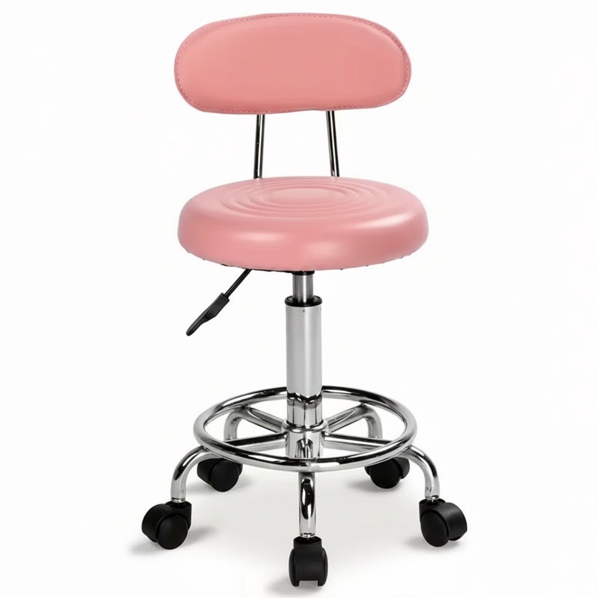 Professionele Salon Kruk Roze met Rugleuning – In Hoogte Verstelbare Werkkruk (48–58 cm) – 360° Draaibaar – PU Zitvlak met Wielen – Voor Beauty & Nagelstudio
