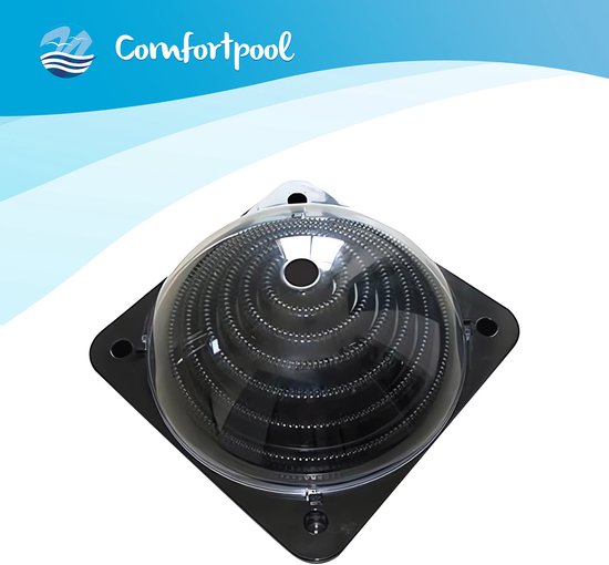 Zwarte Comfortpool Solar Bol met een transparante, bolvormige kap en een spiraalvormig element binnenin. Zonnecollector voor zwembadverwarming.