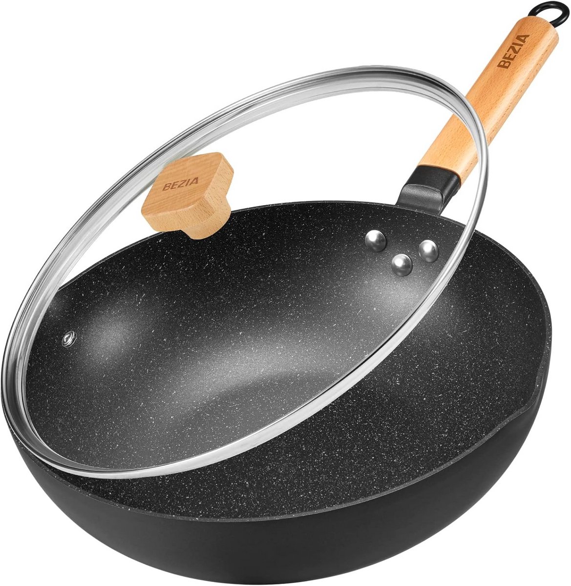 Inductieve Wokpan met Deksel 30cm - Non-Stick Roerbakpan met Houten Handvat - Ovenbestendig en Geschikt voor Alle Kookplaten
