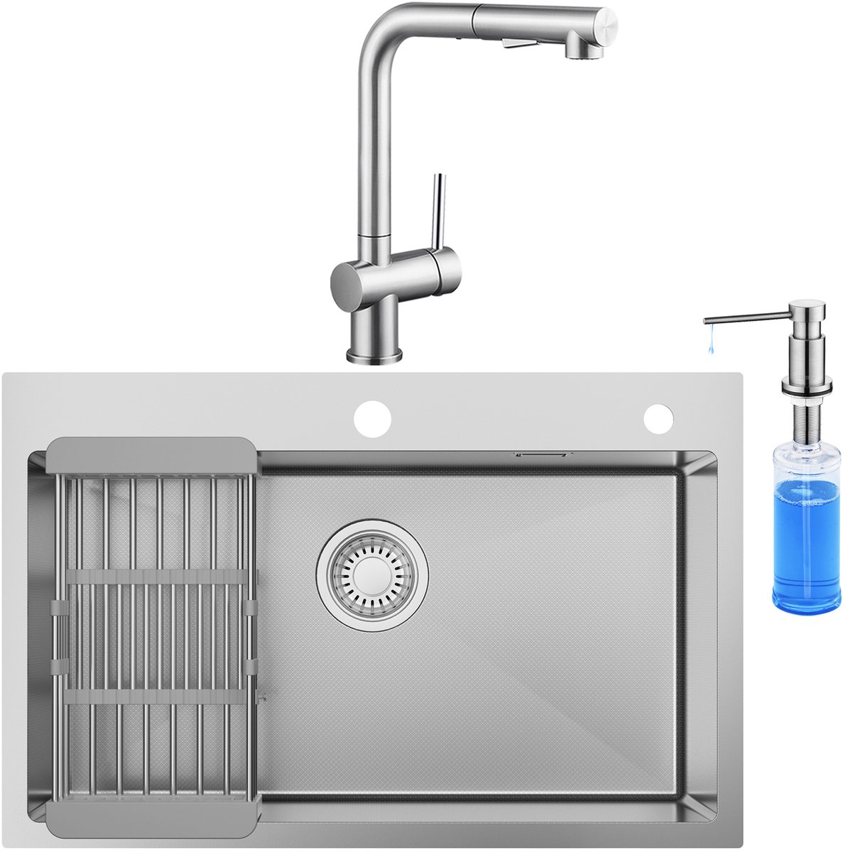 Anycee Max Spoelbak voor keuken 70*45CM - Spoelbak Keuken Met Keukenkraan met Uittrekbare Uitloop en Zeepdispenser 300ML - Spoelbakken Met Afdruip en Waterafvoersysteem - Wasbak Keuken RVS
