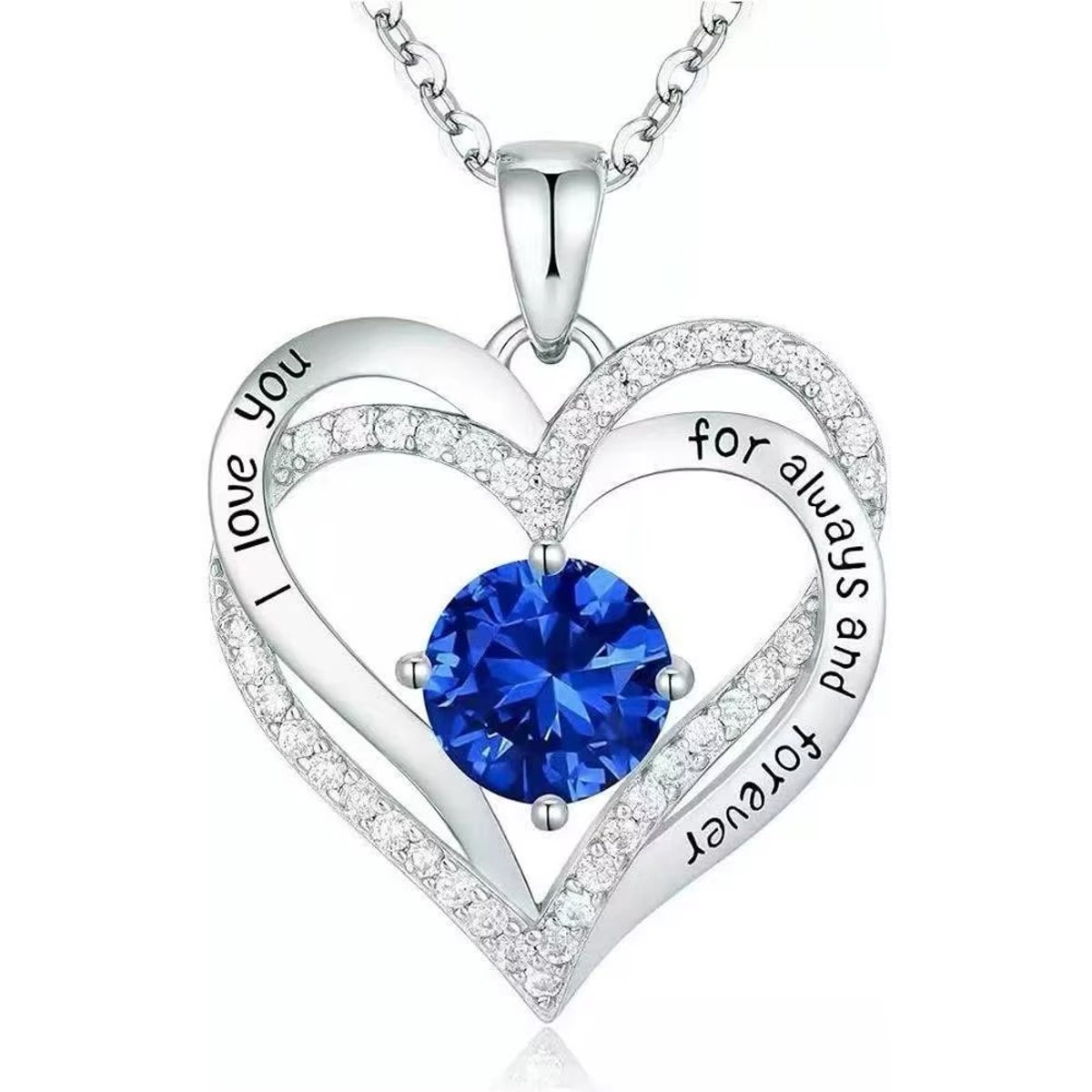 Lumici® | Hart in Hart v2 - I Love You Ketting - ''For Always And Forever'' - Stainless Steel Sieraden - RVS - Hartjes Ketting - Cadeau Voor Vrouwen - Moederdag Cadeau - Dames Ketting - Valentijn - Liefde - Rose Goud & Zilver - Blauwe Steen