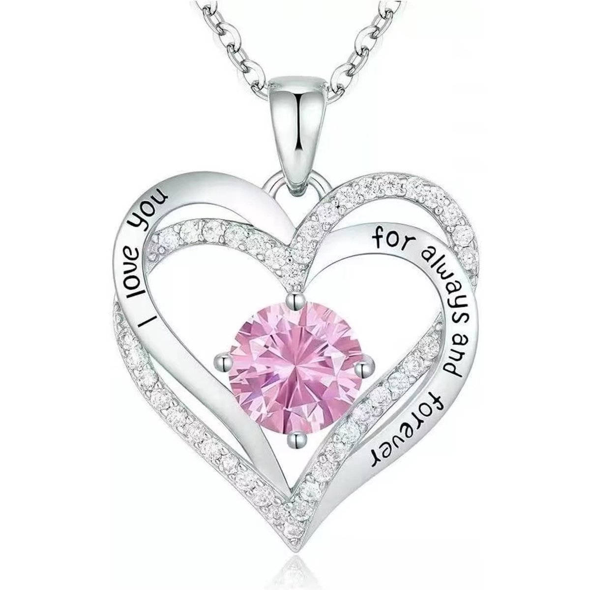 Lumici® | Hart in Hart v2 - I Love You Ketting - ''For Always And Forever'' - Stainless Steel Sieraden - RVS - Hartjes Ketting - Cadeau Voor Vrouwen - Moederdag Cadeau - Dames Ketting - Collier - Valentijn - Liefde - Zilver - Roze Steen