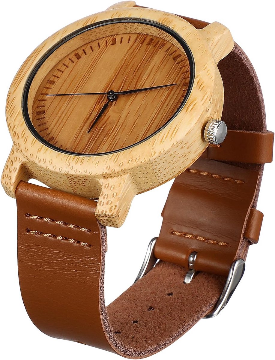 Heren Polshorloge Bamboe - Lichtgewicht Quartz Horloge met Echt Leren Band