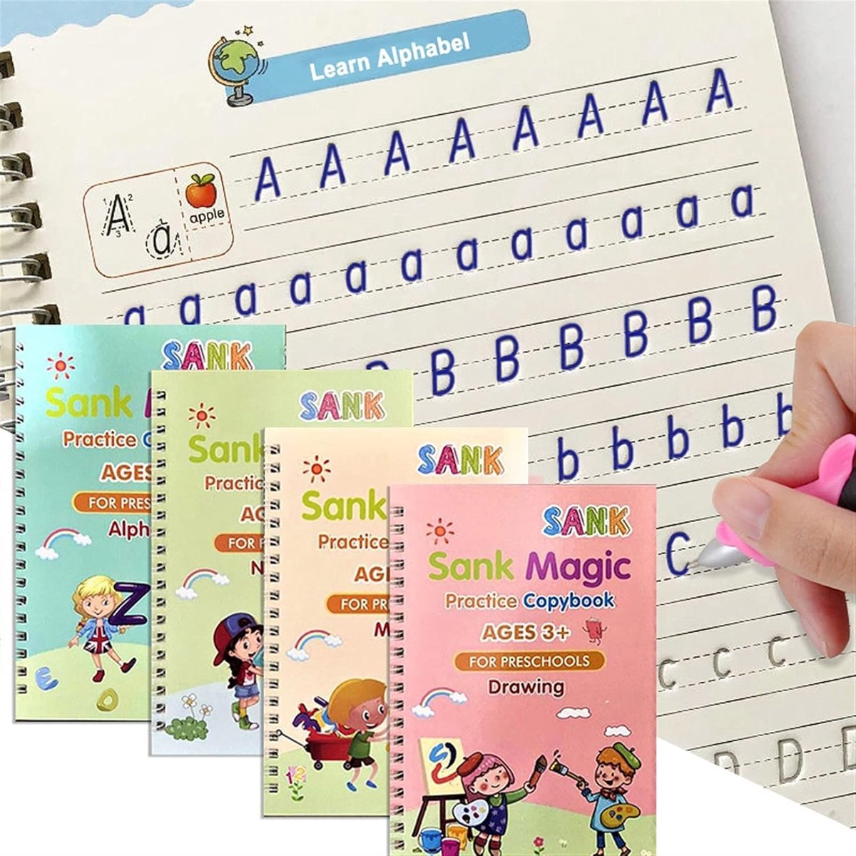 Magisch Oefenschrift 4-delig Herbruikbaar - Schrijfboek met Geleidegroenen voor Kinderen 3-8 jaar - Leer Kalligrafie & Schrijven - 130x190mm