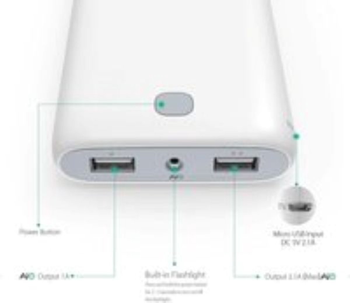 AUKEY Powerbank 20000 mAh - Draagbare Oplader met 2 USB Poorten, AiPower Technologie, Geïntegreerde Zaklamp, LED Batterij Indicator – Wit – foto 7
