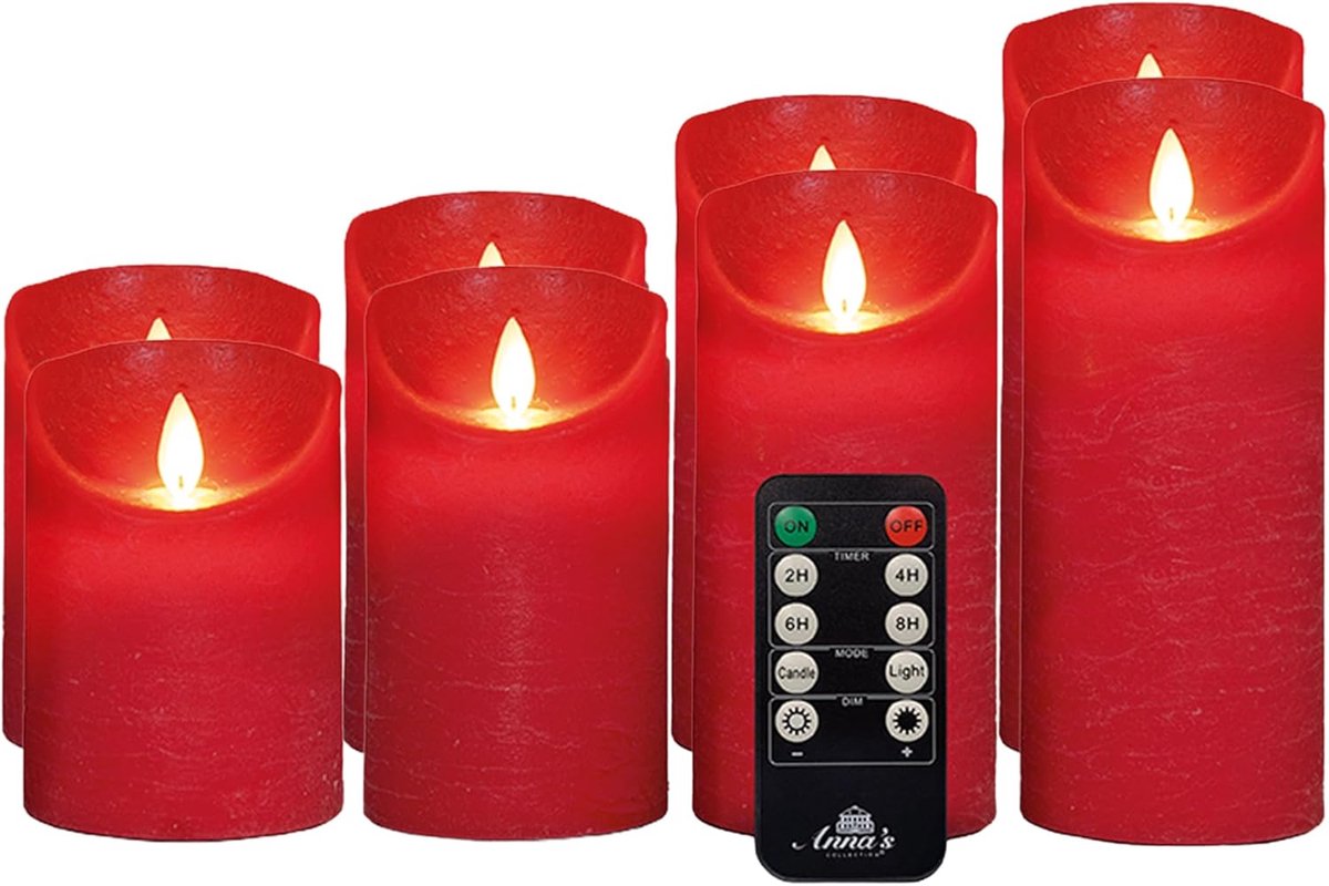 Set van 8 LED-kaarsen, gemaakt van echte was, met flikkerende vlam, rood, ø 7,5 cm (hoogte 10 cm, 12,5 cm, 15 cm, 17,5 cm), LED-kaarsen met afstandsbediening, elke kaars werkt op 3 AAA-batterijen, warmwitte LED-kaarsen met flikkerende vlam.