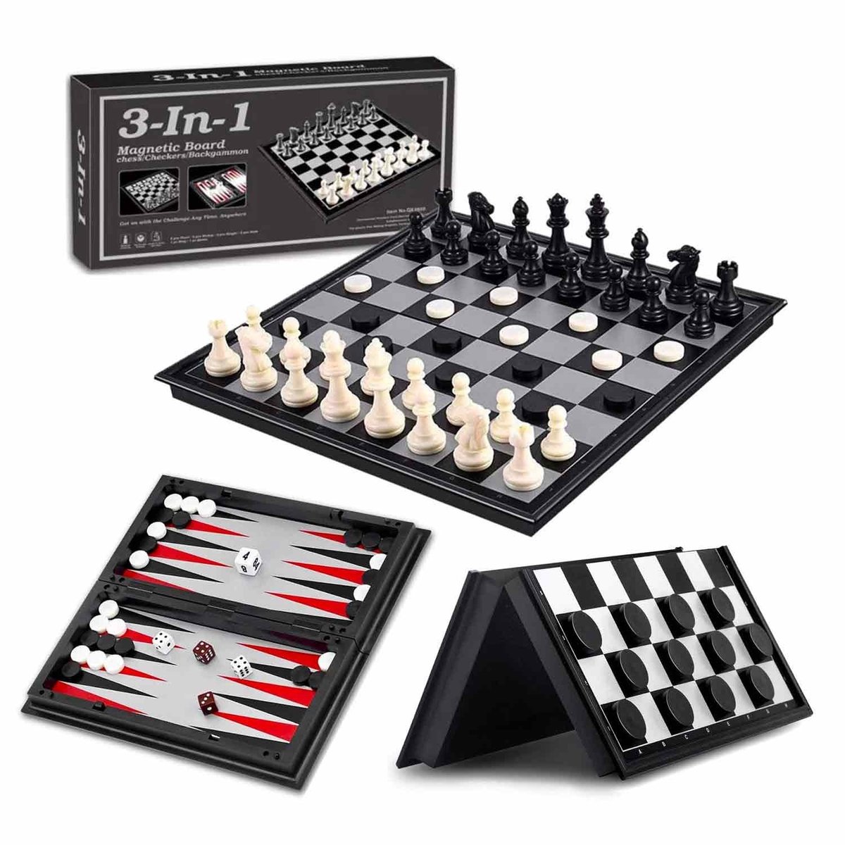 Allerion 3-in-1 Schaakbord Set - Schaken, Dammen, Backgammon - Schaakbord - Reis Spel - 25cm x 25cm