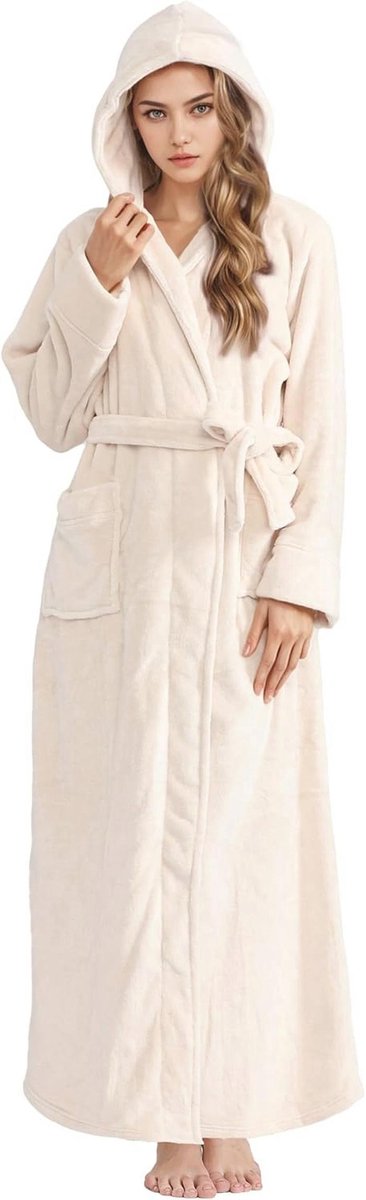 Dames Luxueuze Flanellen Fleece Hooded Badjas - Lange Warme Nachtjapon