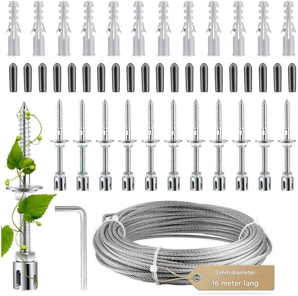 TuseRxln Klimplantondersteuning - Roestvrijstaal Bevestiging - Met Muurbeugel En Lijn (16 M) - 1 Set - Voor Tuin En Buiten
