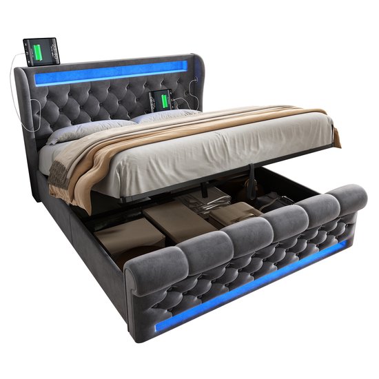 Lit rembourré - lit double 140x200 cm - avec éclairage LED- avec ports USB et Type-C- avec espace de rangement - gris - sans matelas