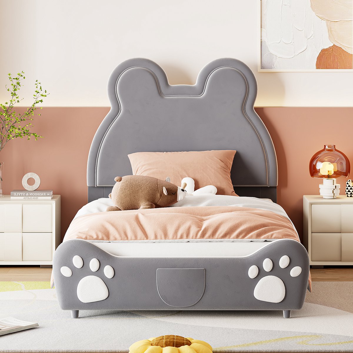 Merax Gestoffeerd bed - kinderbed - 90 x 200 cm - beervormig - eenpersoonsbed - grijs - zonder matras