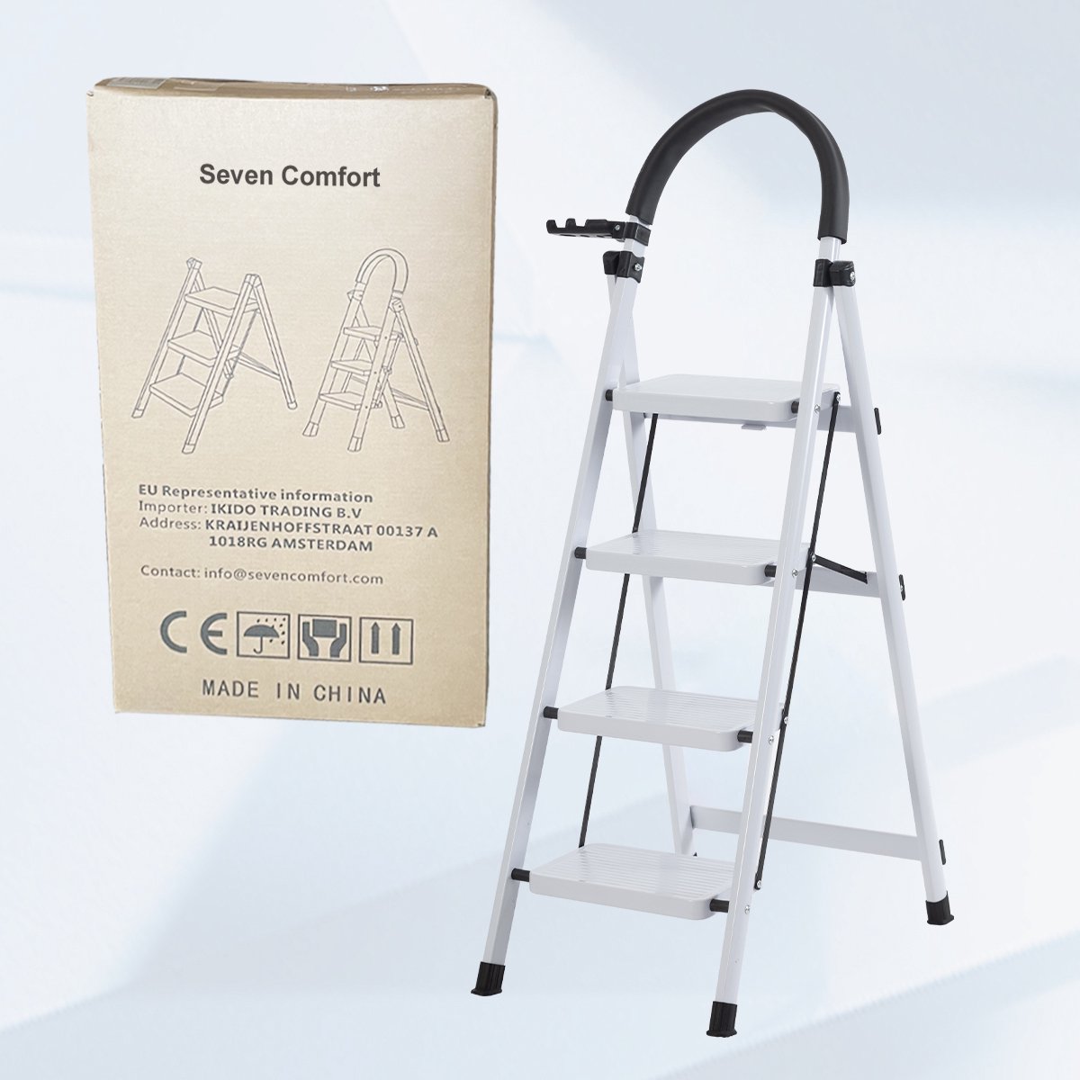 Seven Comfort Huishoudtrap 4 treden - Keukentrap - Opvouwbaar - Trap ladder - Stalen materiaal - 61×45×118cm - Lichtgewicht - Draagvermogen150KG - Wit – foto 8