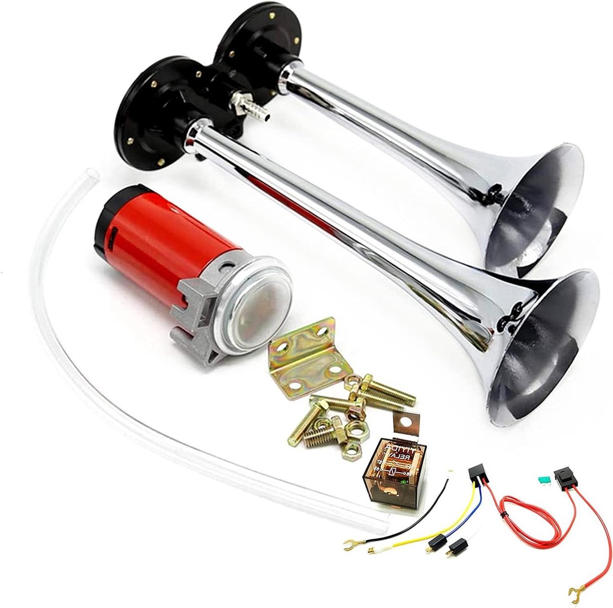 All4You - Luchthoorn 150DB voor Voertuigen - Luide Dubbele Trompet Hoorn met Compressor - Chroom Zink - Geschikt voor Vrachtwagens, Auto