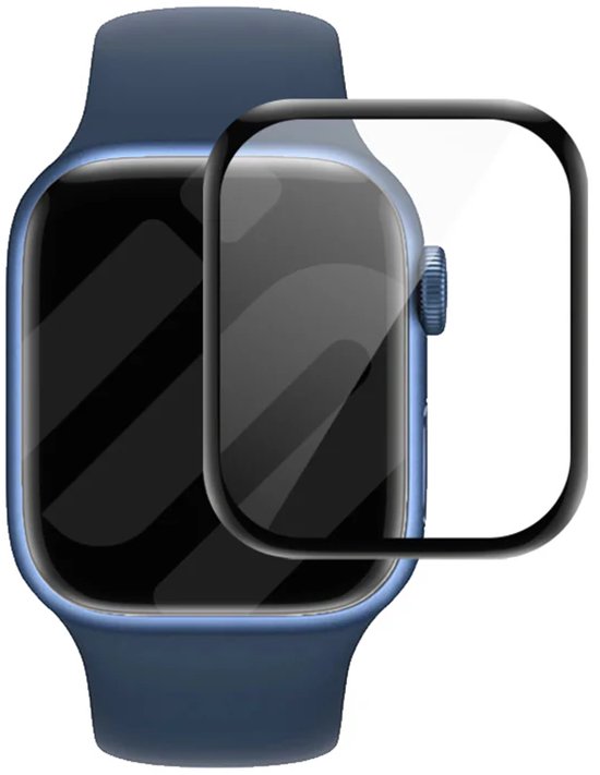 Blauwe Apple Watch met een transparante schermprotector ernaast. De protector bedekt het scherm.
