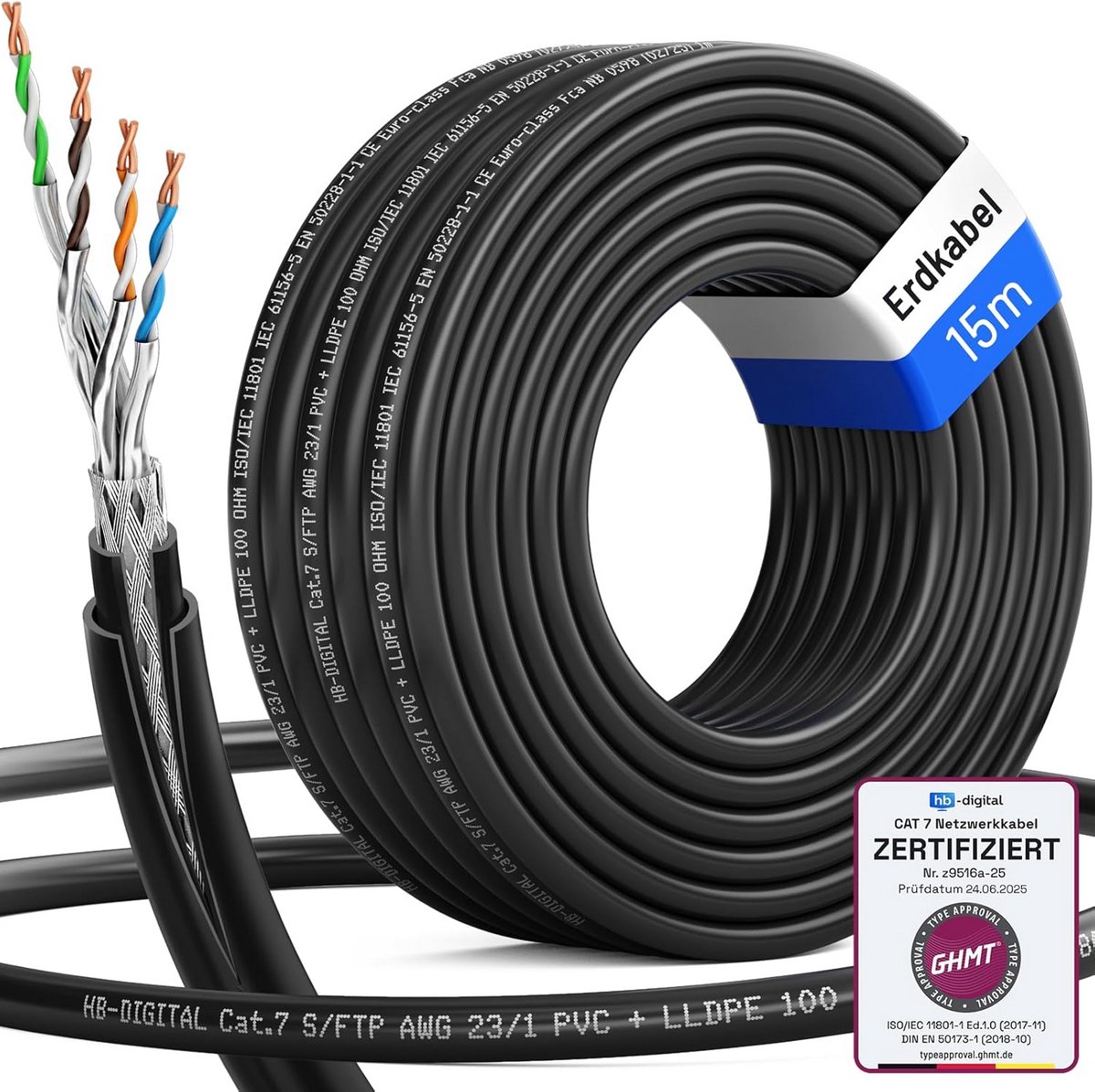 15 m CAT 7 Outdoor Netwerkkabel - S/FTP AWG23 - 10Gbit/s Ethernet Kabel voor Buitengebruik