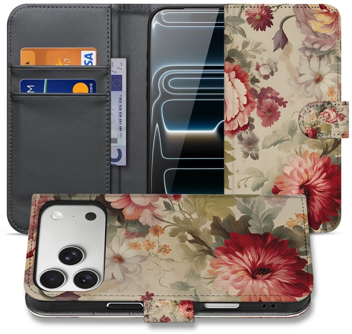 Book Case voor Portemonnee Hoesje iPhone 17 Pro Max Bloemenprint Met Pasjes
