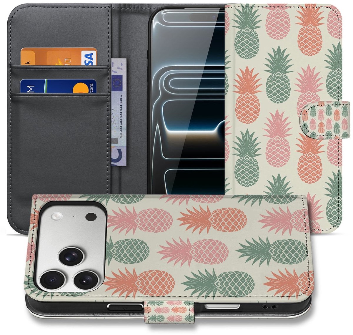 Boekhoesje voor Apple iPhone 17 Pro Max Book Cover Ananas Roze Rood Groen Met Pasjes
