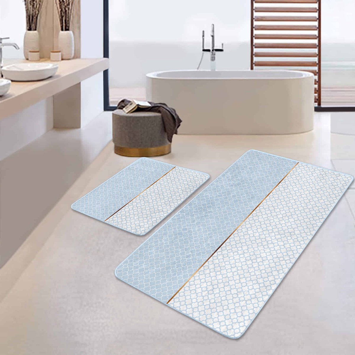 Boraboi® Badmat antislip 2 stuk set- Badmatten 60x100cm en 50x60cm,(Blauw,grijs)