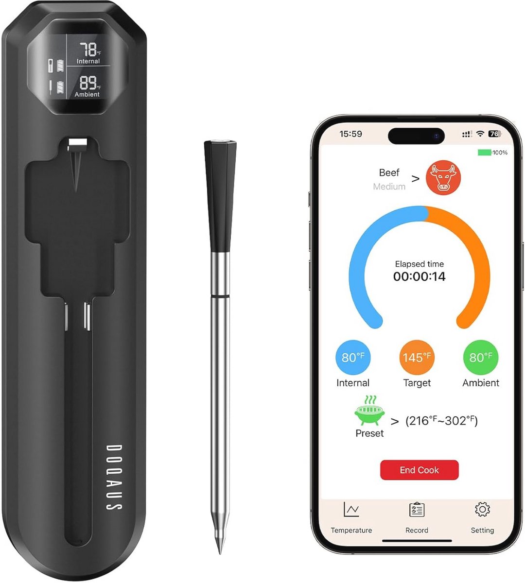 Draadloze keukenthermometer met Bluetooth, 250 m bereik, hoge nauwkeurigheid voor barbecue en oven