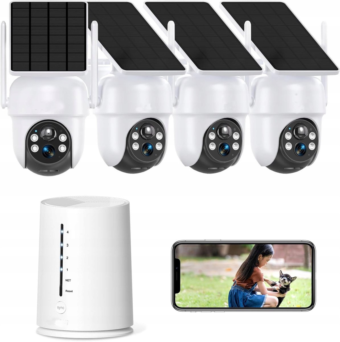 Q04 Buitencamera's, 4 Pack met HomeBase – Beveiligingscamera'svoor Buiten 4MP set - 4K Ultra HD Camerabewaking -resolutie, geïntegreerd zonnepaneel, compatibel met Apple HomeKit, Alexa en Google Assistant
