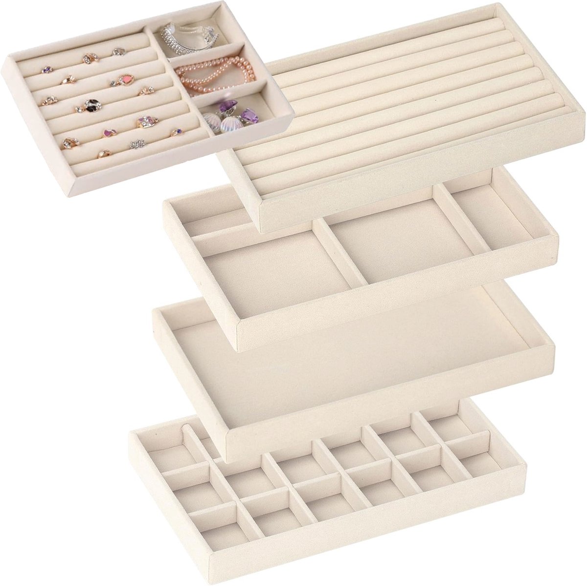 Beige sieraden opbergdoos 5-delige set – Stapelbare sieradentrays met ringhouder, oorbel organizer, kettingdoos en juwelendoos – Compacte sieraden organizer voor lade of dressoir
