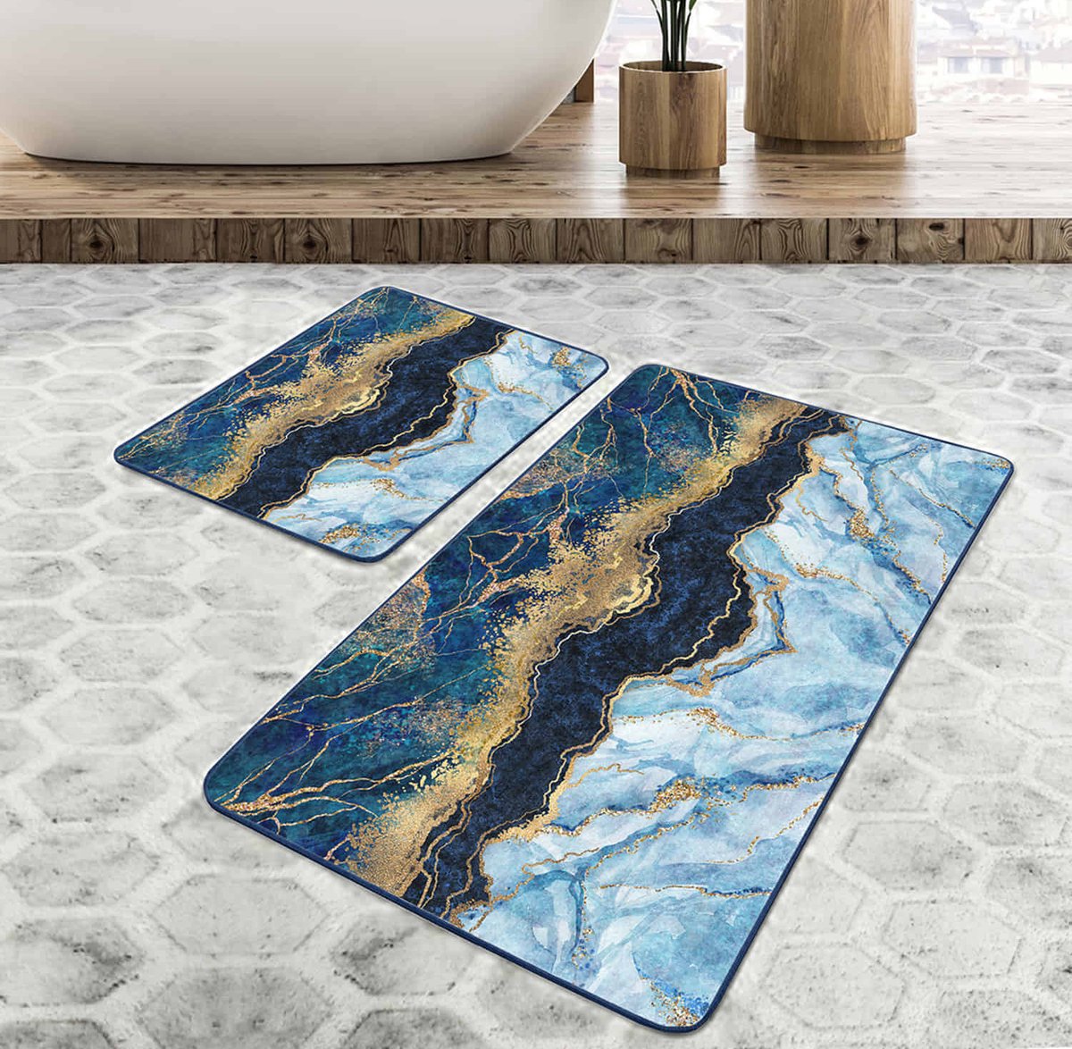 Boraboi® Badmat antislip 2 stuk set- Badmatten 60x100cm en 50x60cm,(Blauw,Gouden)