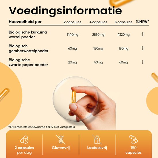 Voedingsinformatie: 2-6 capsules per dag biologische kurkuma, gember en zwarte peper. Glutenvrij, lactosevrij, 180 capsules.