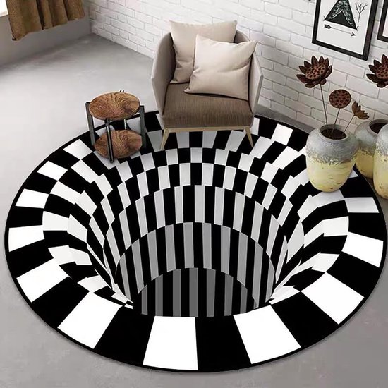 Tapis - Tapis de sol - Polyester - Effet 3D - avec Dos antidérapant - pour Salon ou Chambre à coucher - Rond 80 cm - Zwart + Wit