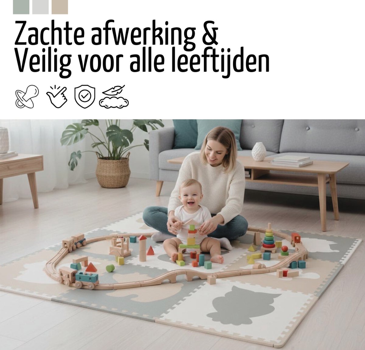 Roosly Speelmat Baby - Speelkleed Baby - babygym - kruipmat - playmat - Foam vloerpuzzel 180 x 180 cm - Inclusief Opbergtas - speelgoed - Veilig & Zacht - Pastel beige & groen — afbeelding 8