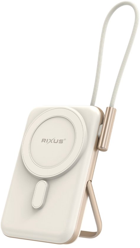 Rixus Magnetic Powerbank 10.000 mAh With USB-C Cable Build-In - With Foldable Stand and Digital Display - Rose Gold - RXPB29