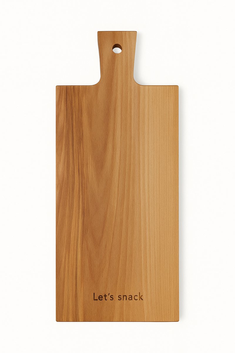 Borrelplank Beukenhout – Let’s Snack Gravure – 31,5 × 16 cm – Serveerplank – Tapasplank met Handvat – Cadeau Hout