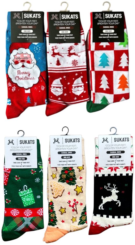Sukats® The Casual Ones - 6 Paar - Maat 38-44 - Kerstsokken - One-Size - Dames en Herensokken - Set A - Happy Colorful Socks - Grappige Sokken - Vrolijke Sokken - Cadeausokken