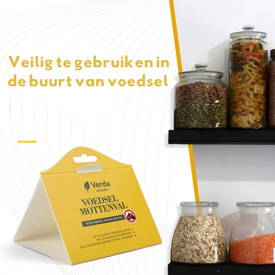 Gele mottenval in de buurt van potten met voedsel, met het opschrift 'Veilig te gebruiken in de buurt van voedsel'.