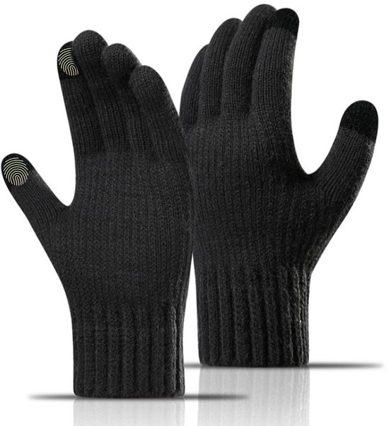 Zwarte gebreide handschoenen met touchscreen-vingertoppen.