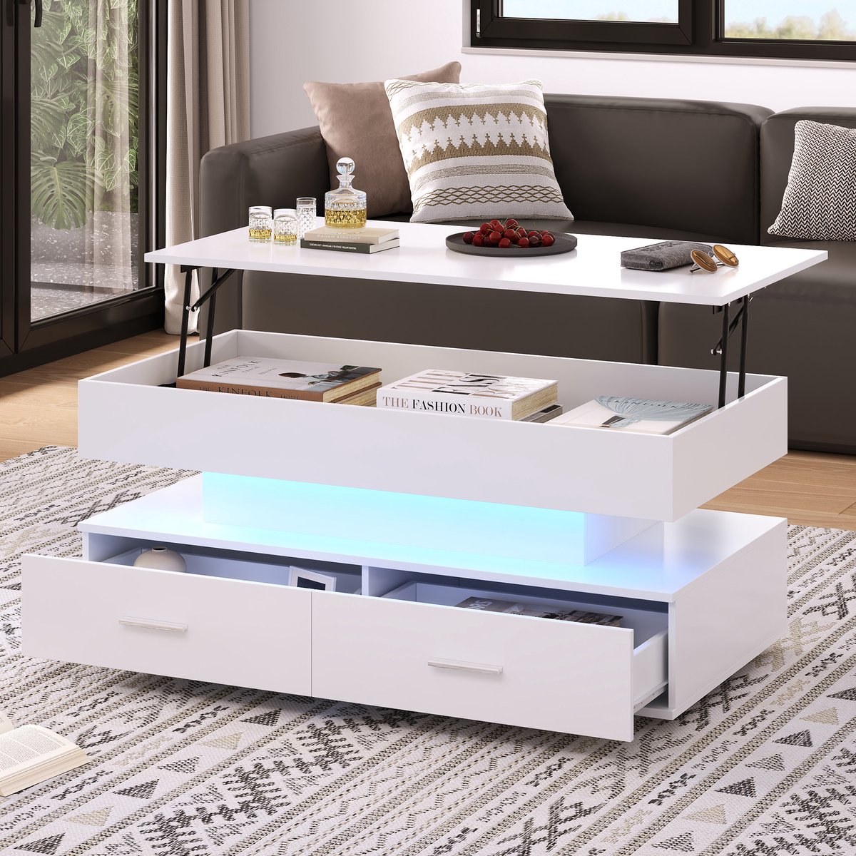 Wishdor Hydraulisch verstelbare salontafel 100×50×44 cm – wit, LED met Bluetooth-app, muzieksync, 2 lades & open vak