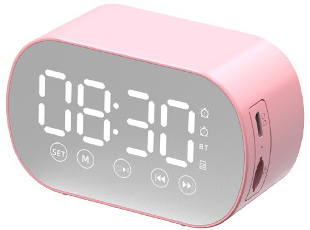 Bluetooth speaker wekker - met LED spiegeldisplay, radio, weersvoorspelling - twee luide alarmen - geschikt voor diepe slapers - roze