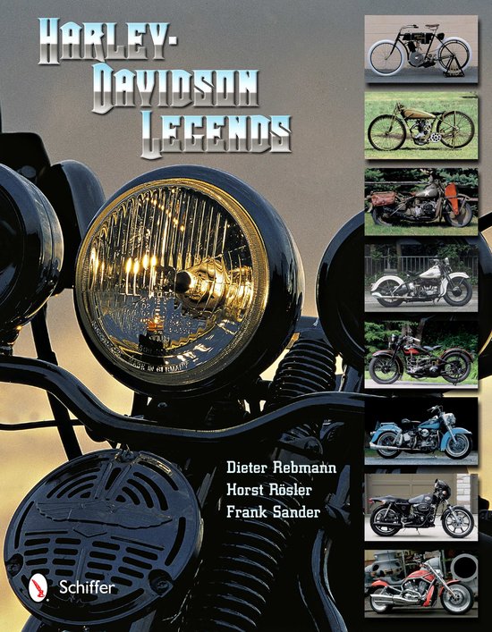 Boekomslag met close-up van een Harley-Davidson koplamp en verschillende motorfietsen. "Harley-Davidson Legends"