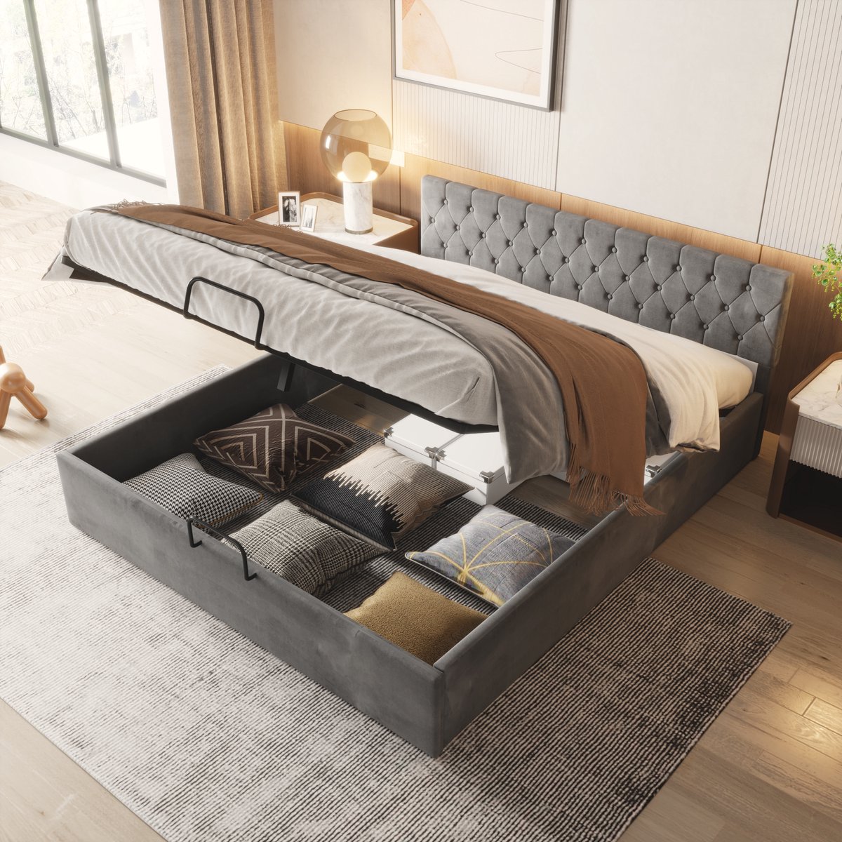 Wishdor Gestoffeerd Opbergbed 180x200 cm - Geknoopt Hoofdbord - Hydraulische Lift - Grijs Fluweel - Luxe & Ruim