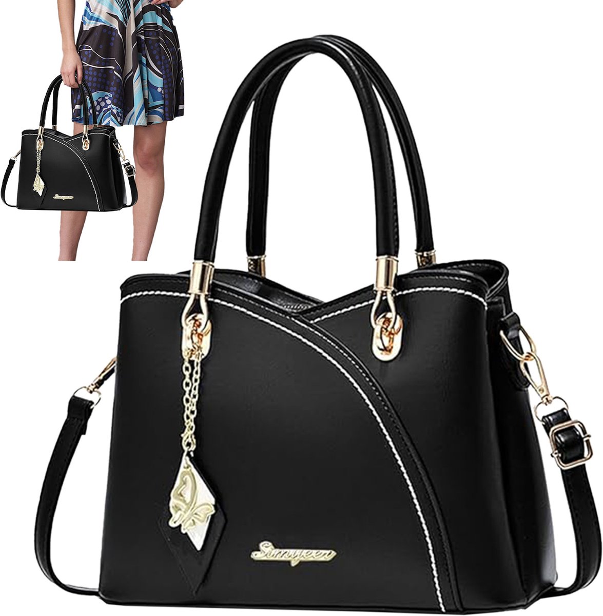 OKWISH Handtassen - Modieuze Dames Tas Schoudertas Met 7 Vakjes Voor iPad, Portemonnee En Cosmetica, Crossbody Tas, Leer, Zwart