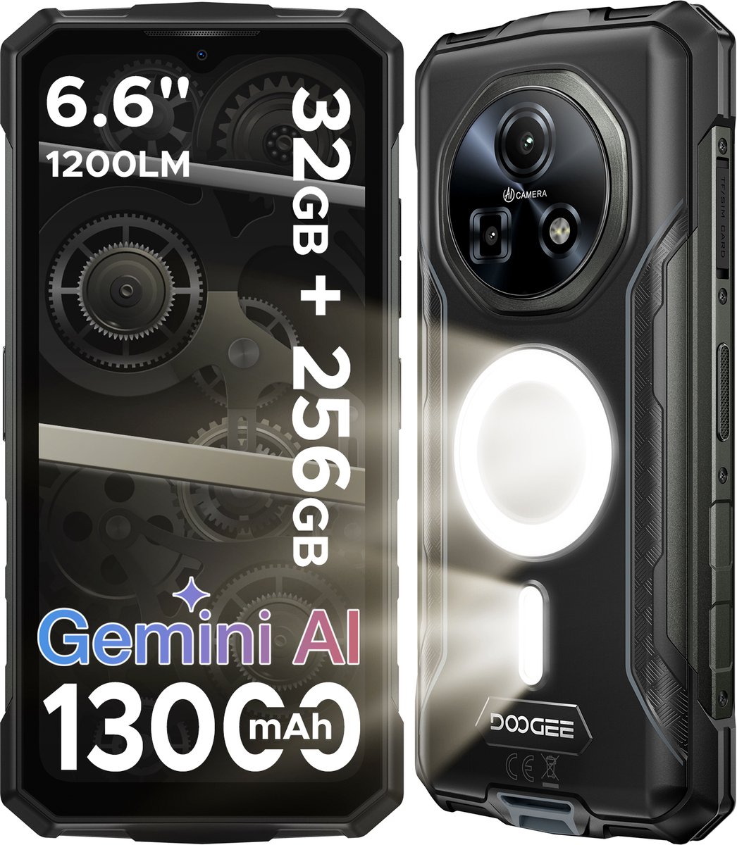 DOOGEE Fire 5 Ultra-AI Robuuste Smartphone-32GB RAM - 256GB ROM-6,6 inch 90 Hz-Robuuste Telefoon - IP68 Waterdicht -1200-lumen kampeerlamp-13000 mAh- Gemini AI-gezichtsherkenning- Android 15 - NFC - GPS-Zilver
