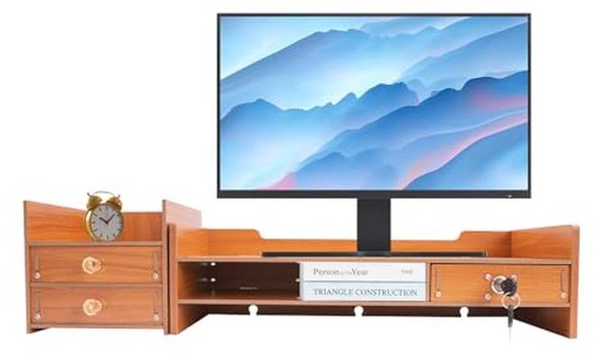 Monitorstandaard Hout met Laden - 2 Niveaus voor Comfortabele Werkplek