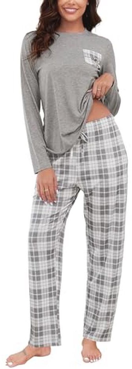 Dames Lange Mouwen Pyjama Set met Geruite Broek, Twee-Piece Set, Zachte Nachtkleding, Loungewear, Pyjama Set, Maat S-XXL