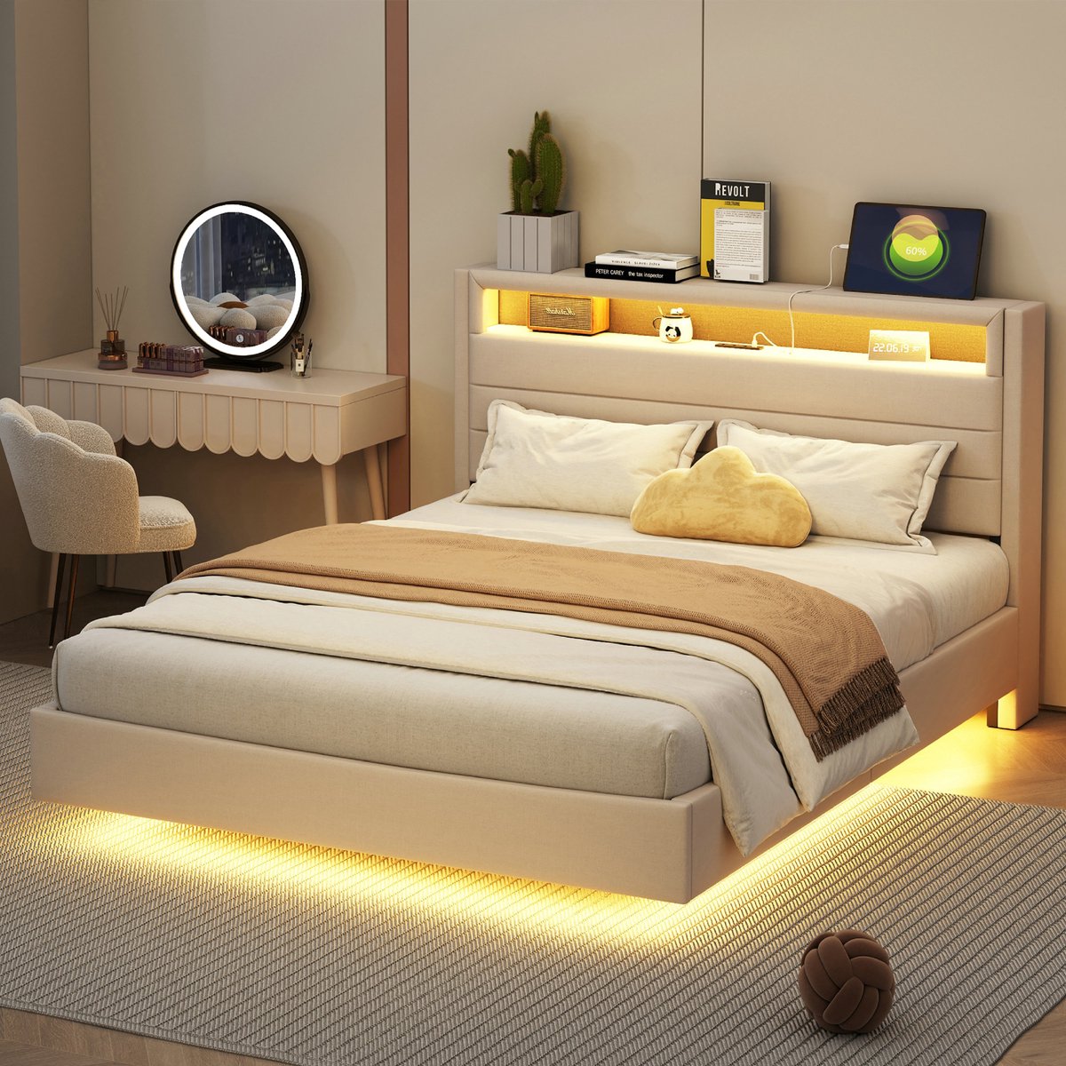 Strovea Opbergbed 140x200 cm met USB-aansluiting en LED-verlichting, omkeerbaar hoofdeinde, verborgen voeteneinde, dubbel vlak bed, jeugdbed, volwassen bed, linnen stof beige