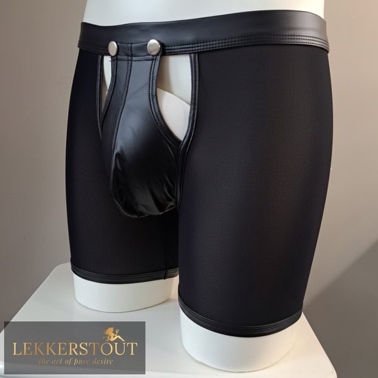 Zwarte mesh boxer met PU leren voorpand, open kruis met drukknoopsluiting.