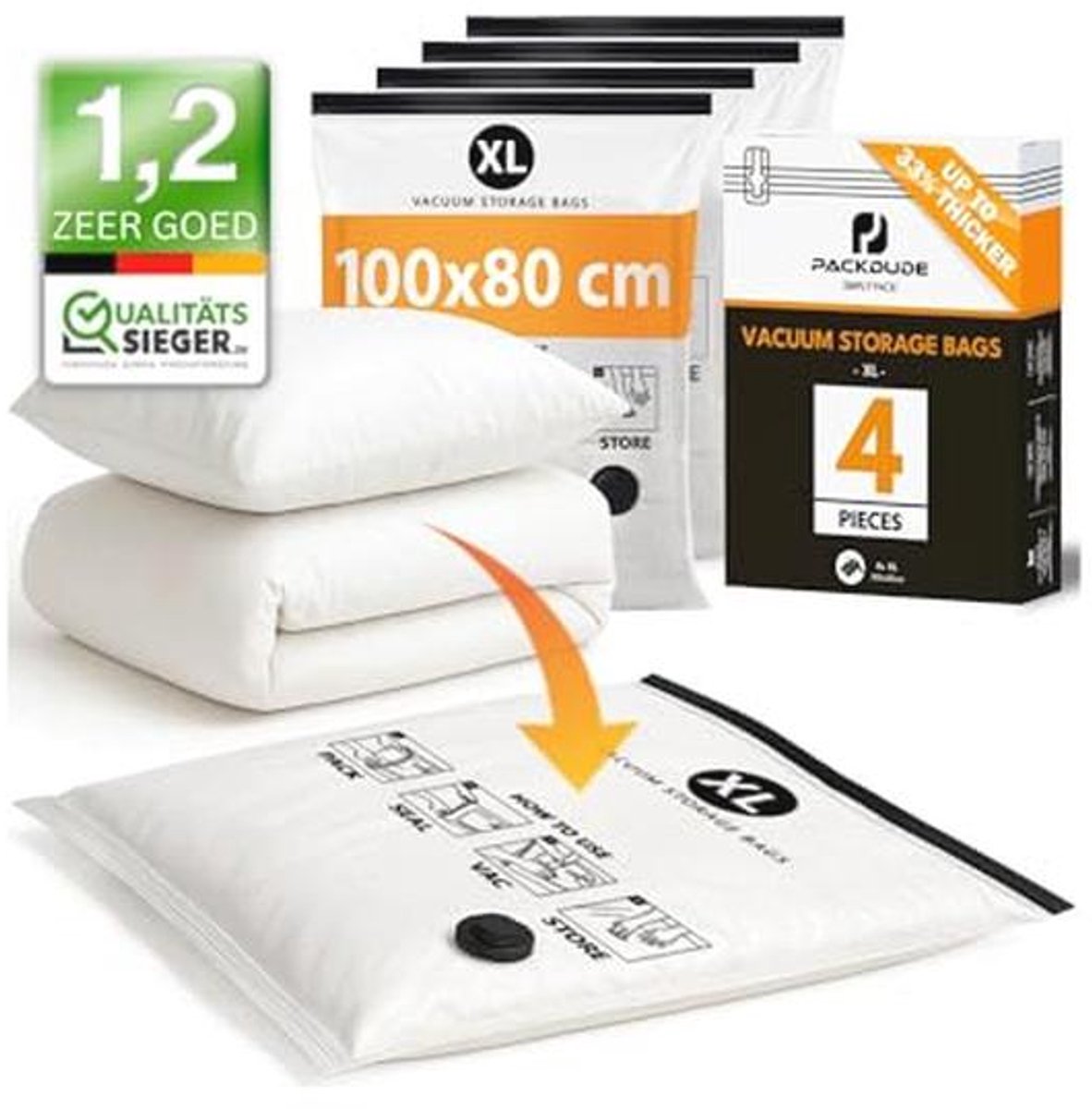 Vacuumzakken voor Dekbed en Kussens - 4 Stuks Extra Groot 100x80cm - Luchtdichte Opbergtas