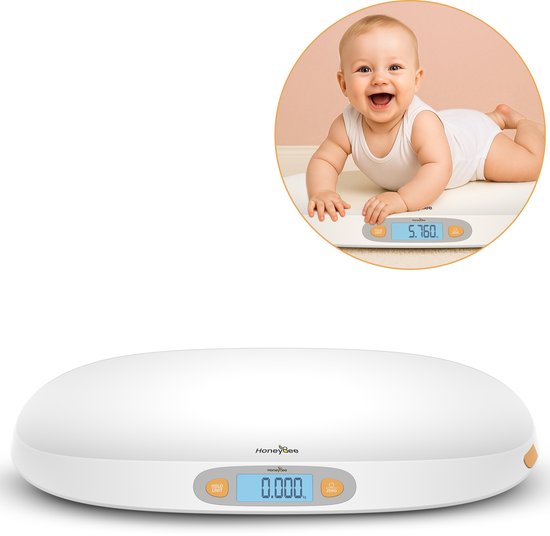Honey Bee Babyweegschaal - Incl Groeigrafiek Boekje & Ingebouwde Meetlint - Tot 25kg - Weegschaal Baby - Dieren Weegschaal - Babyshower - Wit