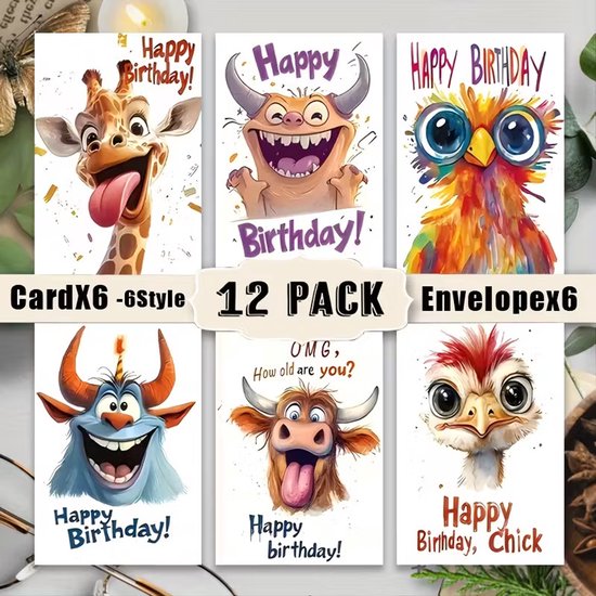 Ensemble de 6 cartes d'anniversaire avec des animaux : girafe, monstre orange, oiseau, monstre bleu, vache et poussin.