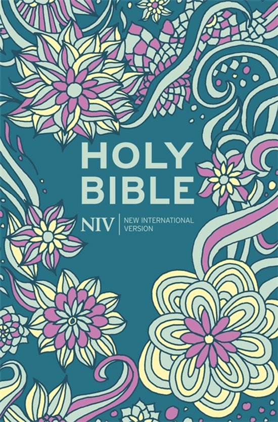 Holy Bible NIV New International Version met een patroon van kleurrijke bloemen en krullen.
