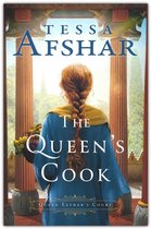 Boekcover 'The Queen's Cook' met een vrouw met gevlochten rood haar, in blauwe jurk, met een mand druiven.